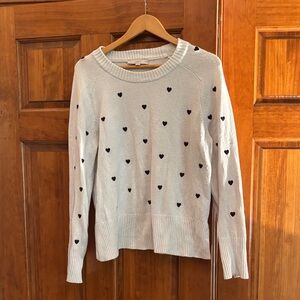 LOFT White Sweater with Black Heart Pattern